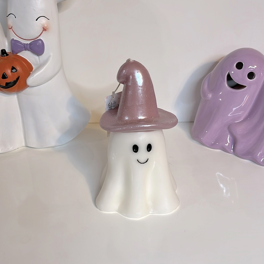 Cupcakes and Cashmere Halloween Ghost with Pink Witch Hat Candle